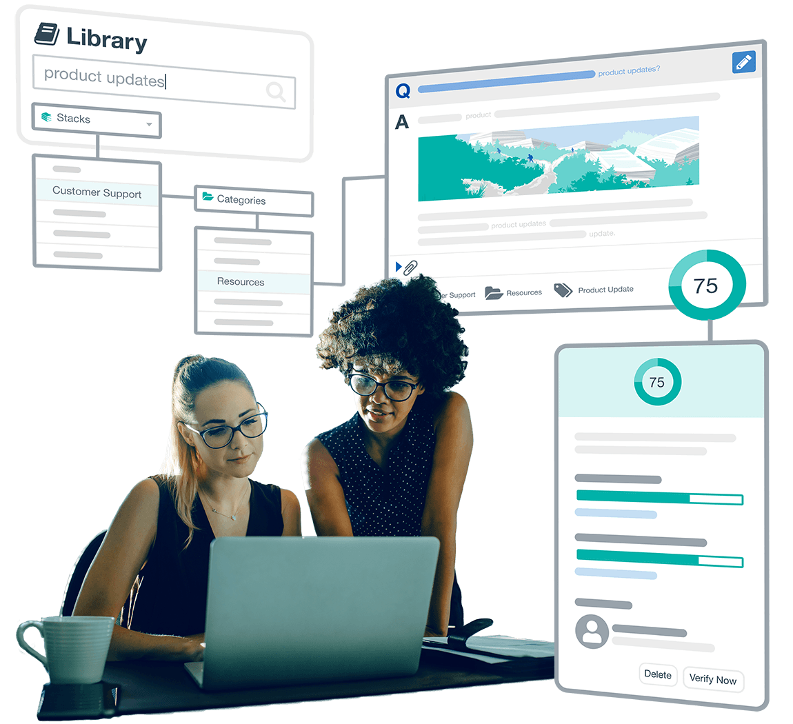 Two coworkers leaning over laptop with modals sowing the library search function in the background